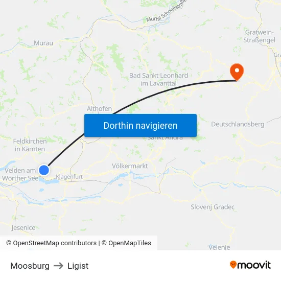 Moosburg to Ligist map