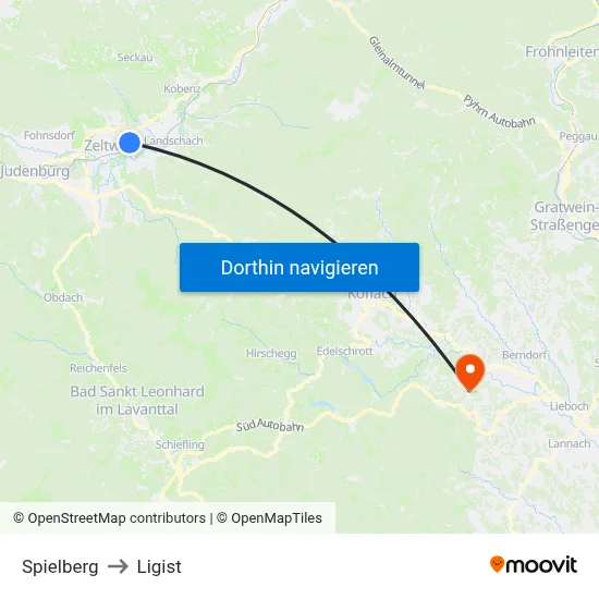 Spielberg to Ligist map