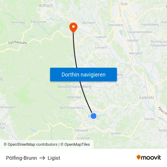 Pölfing-Brunn to Ligist map