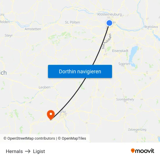 Hernals to Ligist map