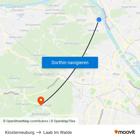 Klosterneuburg to Laab Im Walde map