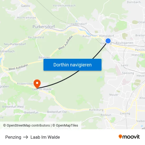Penzing to Laab Im Walde map