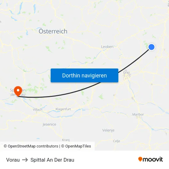 Vorau to Spittal An Der Drau map