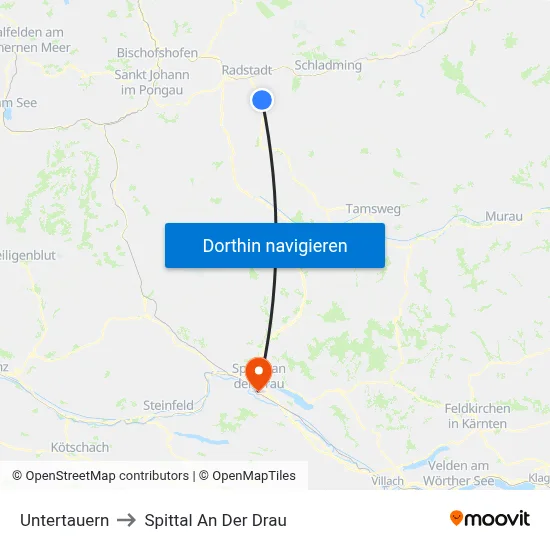 Untertauern to Spittal An Der Drau map