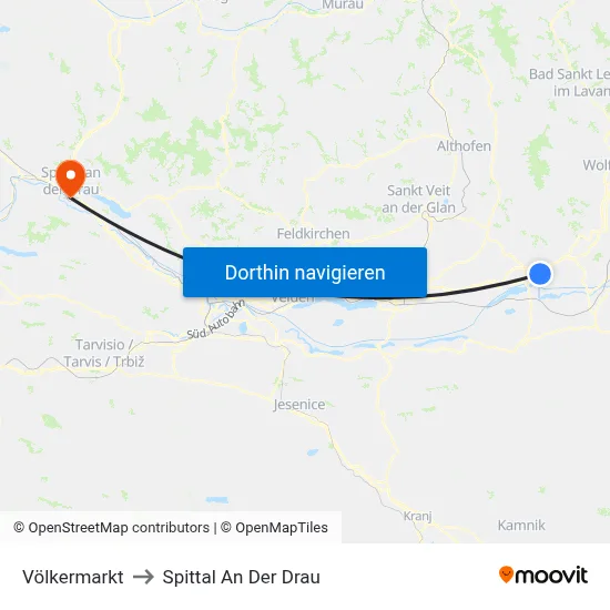 Völkermarkt to Spittal An Der Drau map