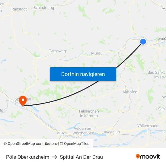 Pöls-Oberkurzheim to Spittal An Der Drau map