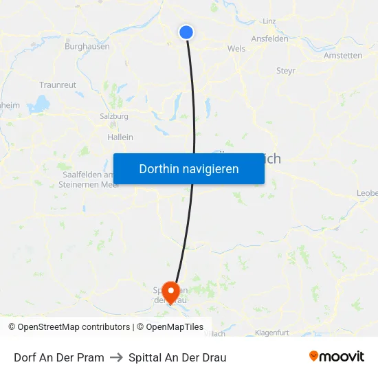 Dorf An Der Pram to Spittal An Der Drau map