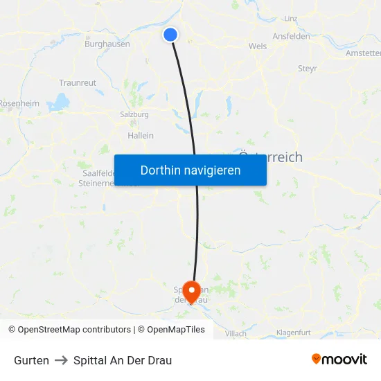 Gurten to Spittal An Der Drau map