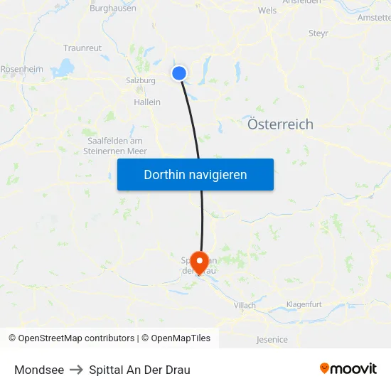 Mondsee to Spittal An Der Drau map