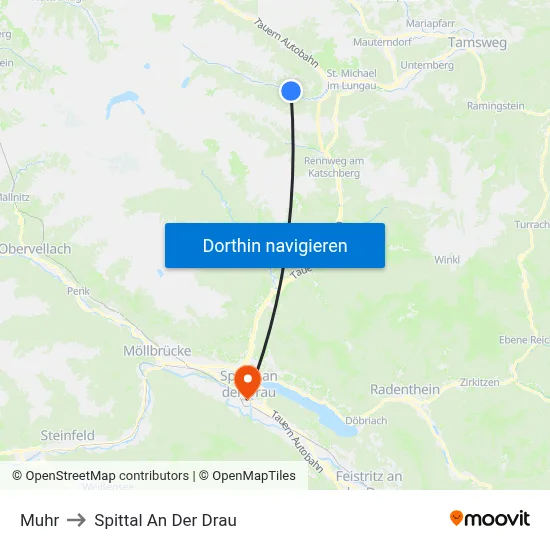 Muhr to Spittal An Der Drau map