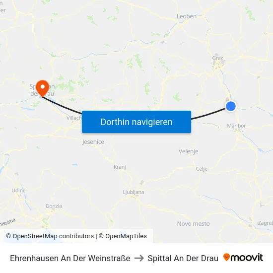 Ehrenhausen An Der Weinstraße to Spittal An Der Drau map