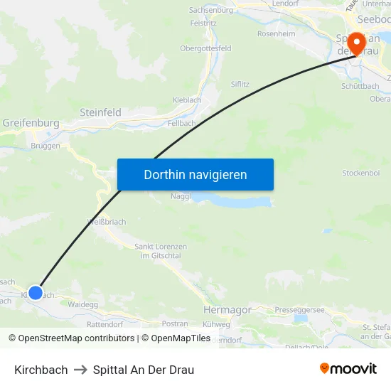 Kirchbach to Spittal An Der Drau map
