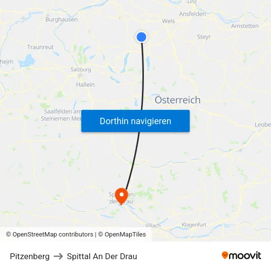 Pitzenberg to Spittal An Der Drau map