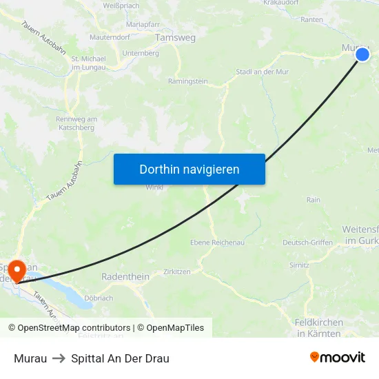 Murau to Spittal An Der Drau map