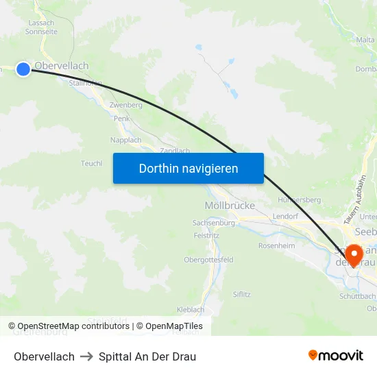 Obervellach to Spittal An Der Drau map