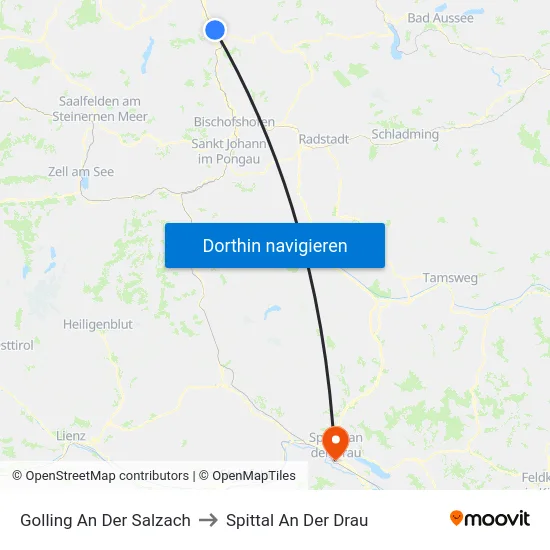 Golling An Der Salzach to Spittal An Der Drau map