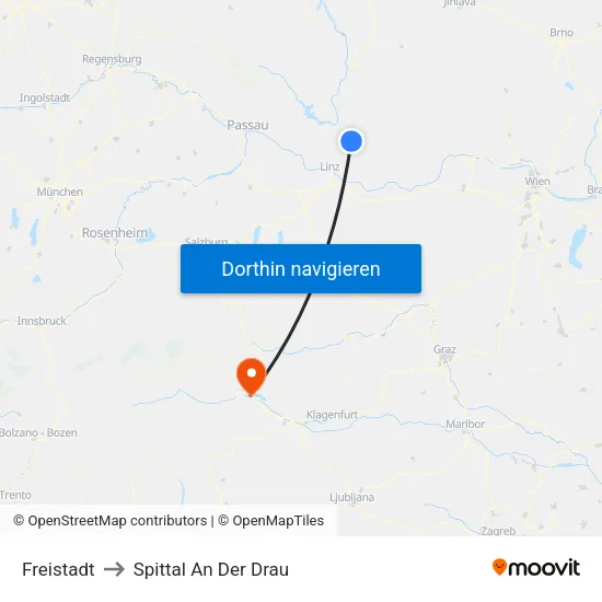 Freistadt to Spittal An Der Drau map