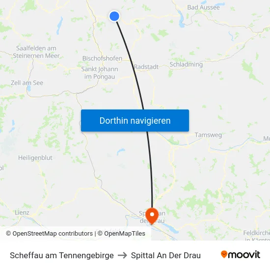 Scheffau am Tennengebirge to Spittal An Der Drau map