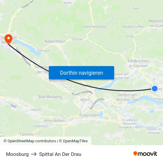 Moosburg to Spittal An Der Drau map