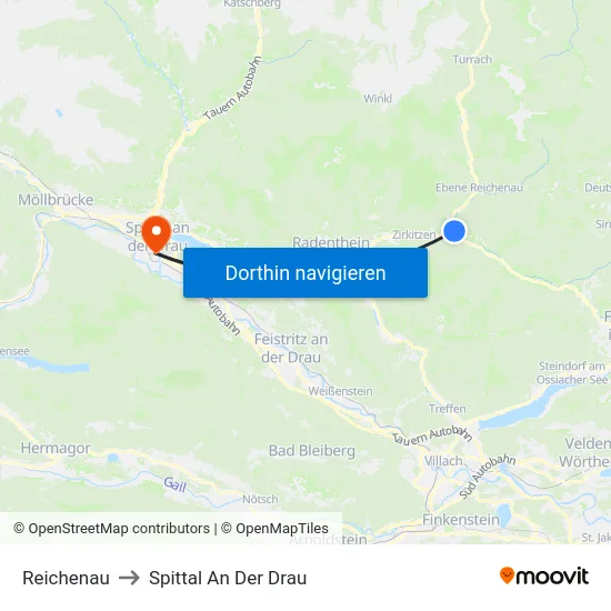 Reichenau to Spittal An Der Drau map