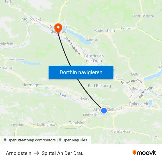 Arnoldstein to Spittal An Der Drau map