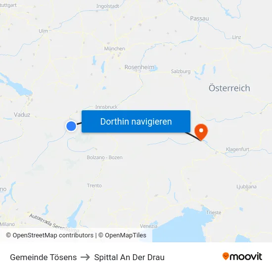 Gemeinde Tösens to Spittal An Der Drau map