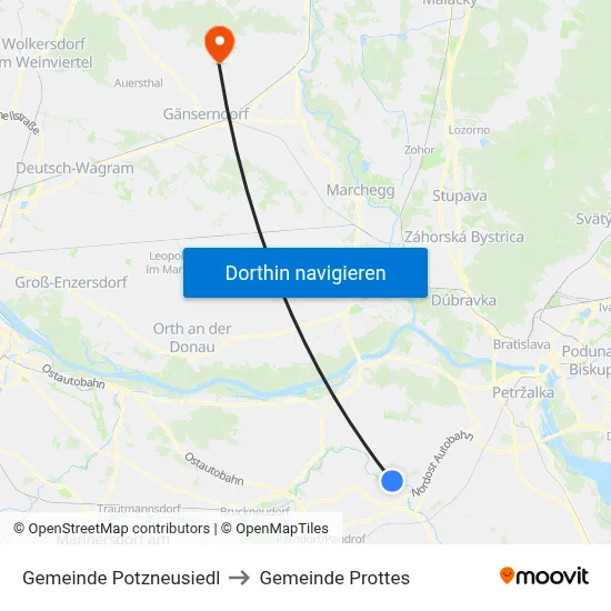Gemeinde Potzneusiedl to Gemeinde Prottes map