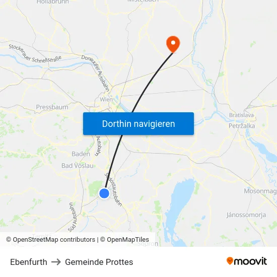 Ebenfurth to Gemeinde Prottes map