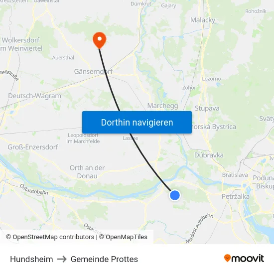 Hundsheim to Gemeinde Prottes map