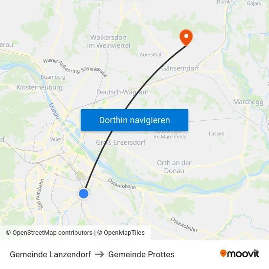 Gemeinde Lanzendorf to Gemeinde Prottes map