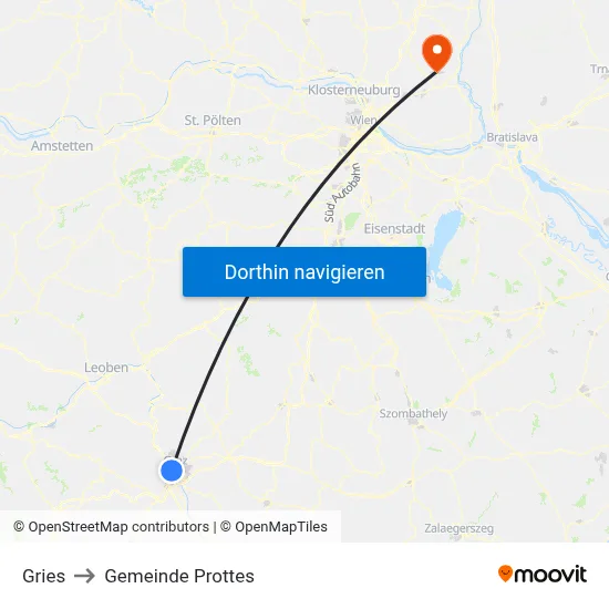Gries to Gemeinde Prottes map