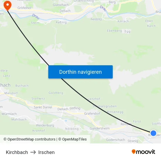 Kirchbach to Irschen map