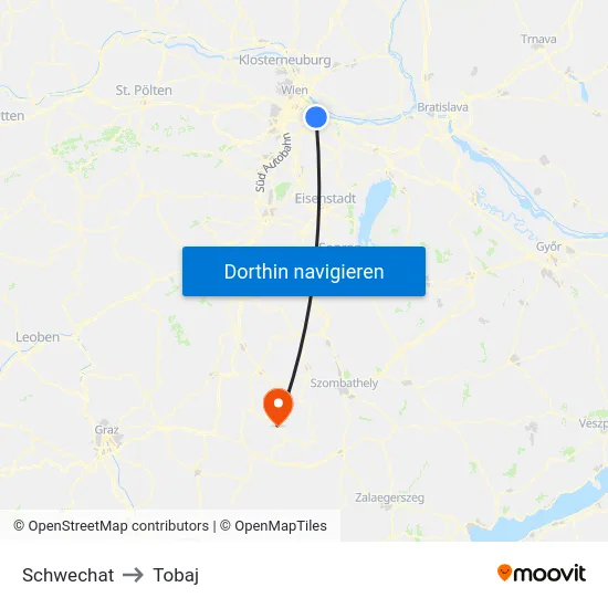 Schwechat to Tobaj map