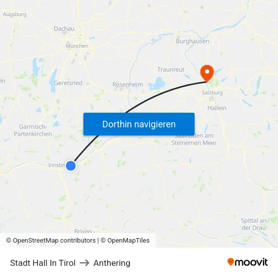 Stadt Hall In Tirol to Anthering map