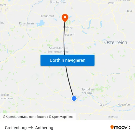 Greifenburg to Anthering map
