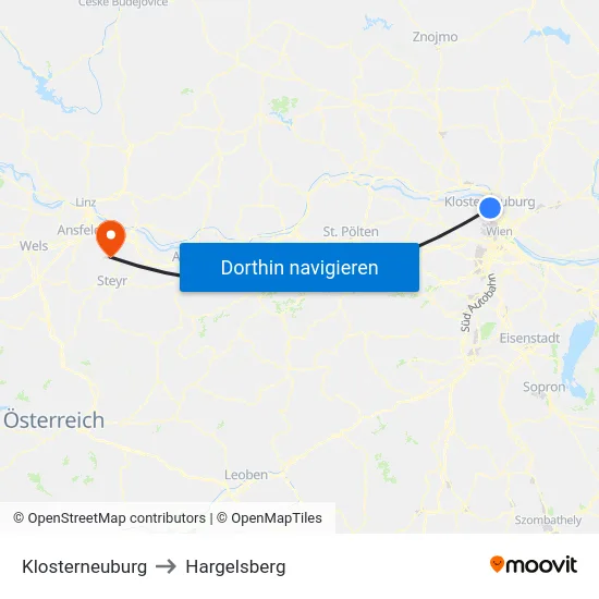 Klosterneuburg to Hargelsberg map