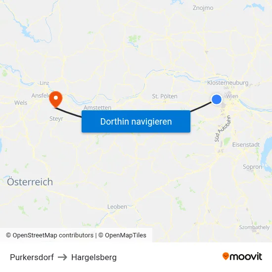 Purkersdorf to Hargelsberg map