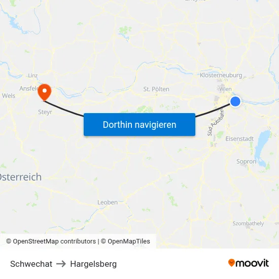 Schwechat to Hargelsberg map