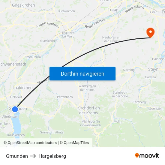 Gmunden to Hargelsberg map