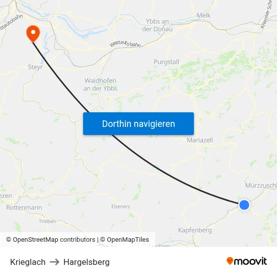 Krieglach to Hargelsberg map