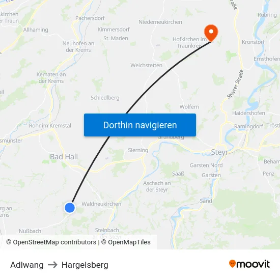 Adlwang to Hargelsberg map