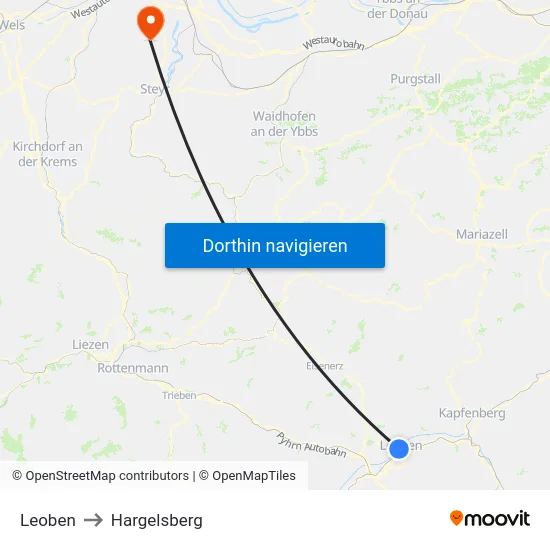 Leoben to Hargelsberg map