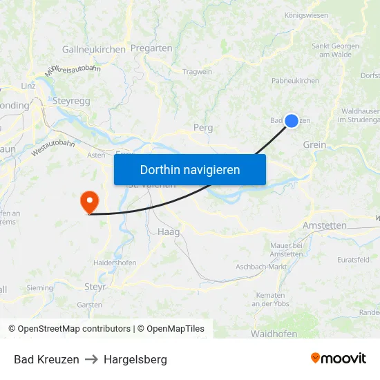 Bad Kreuzen to Hargelsberg map