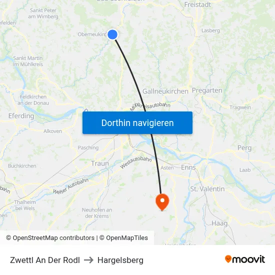 Zwettl An Der Rodl to Hargelsberg map