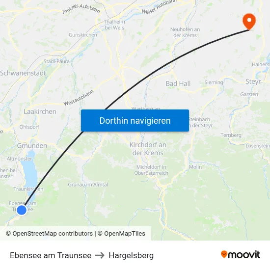 Ebensee am Traunsee to Hargelsberg map