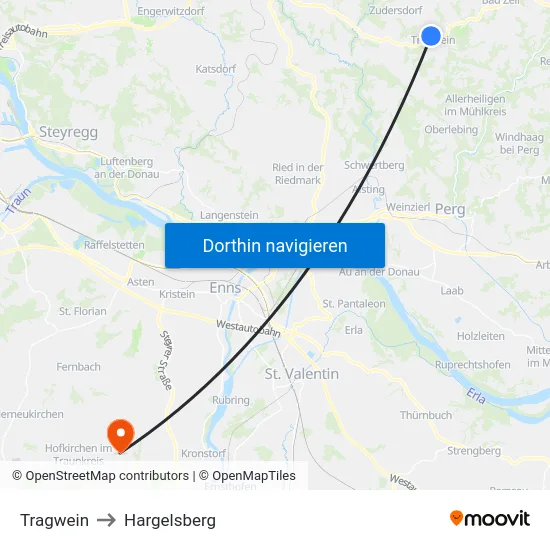 Tragwein to Hargelsberg map