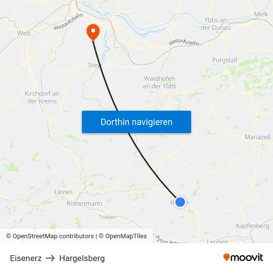 Eisenerz to Hargelsberg map