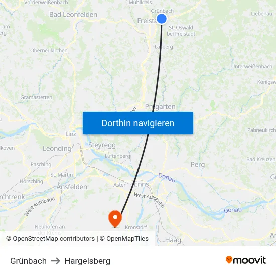 Grünbach to Hargelsberg map
