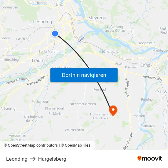 Leonding to Hargelsberg map