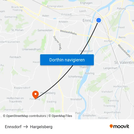 Ennsdorf to Hargelsberg map